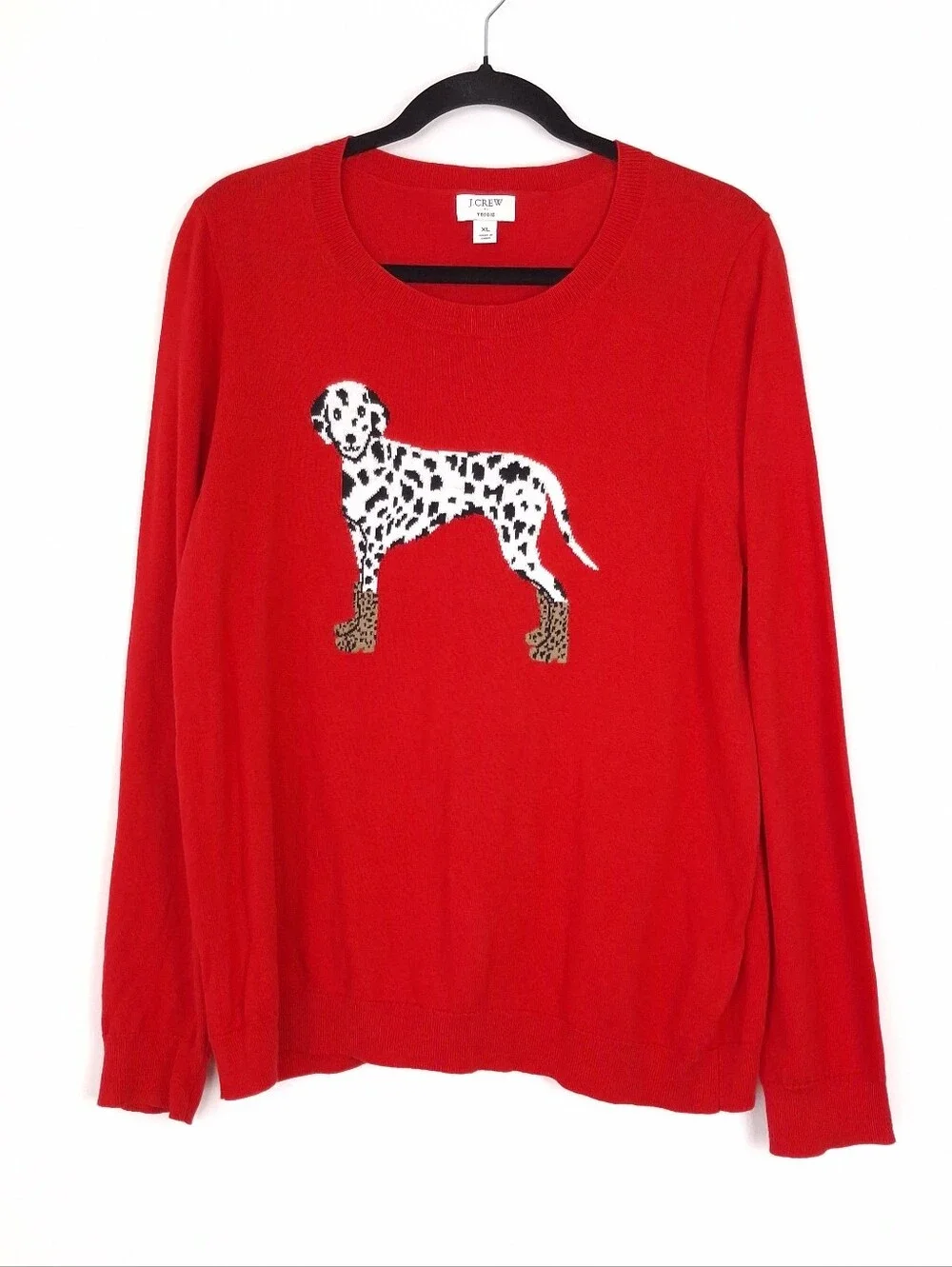 J. Crew Dalmatian Teddie Sweater cotton dog novelty quirky preppy slim fit red